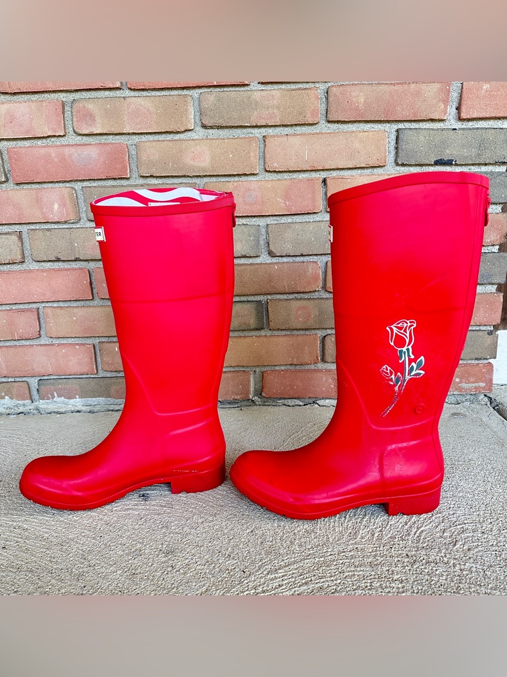 Hunter for Target Red Floral Tall Rain Boots Women’s Size 8 Striped Lining - Picture 5 of 14